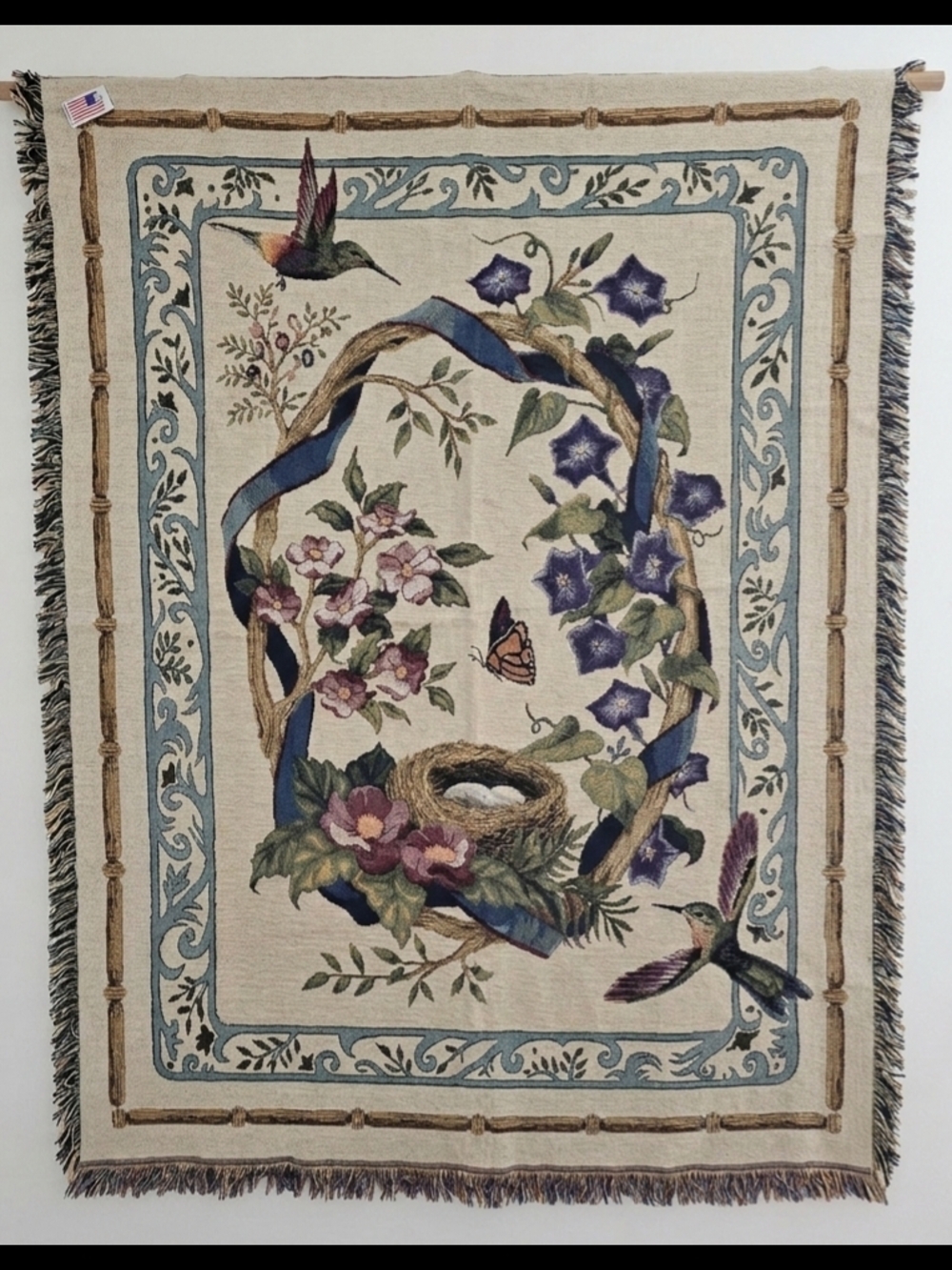 Vintage 2002 Hummingbird Wreath Woven Tapestry Throw Blanket NWT Made in USA